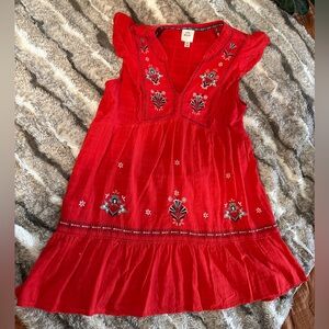 Embroidered Red Dress with Pockets